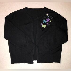 Vintage Black Knit Cropped Cardigan Sweater with Floral Sequins & Beads - M